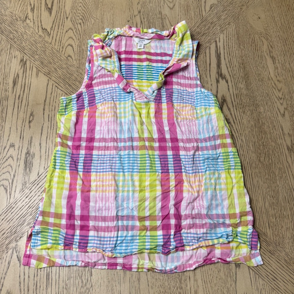 Crown & Ivy XS Plaid Sleeveless‎ Top Preppy Colorful Blouse Casual